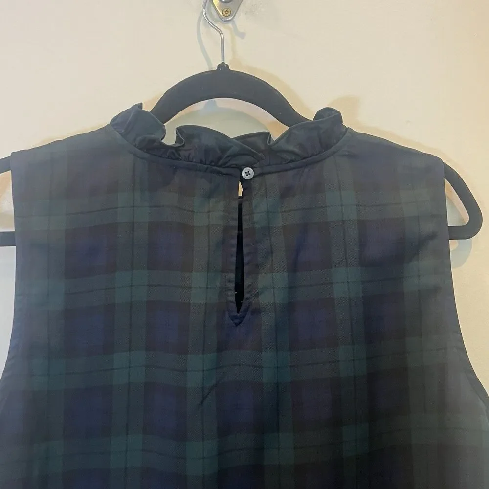 J. Crew NWT Green Plaid Ruffle Neck Sleeveless Bow Top Holiday Blouse Satin L